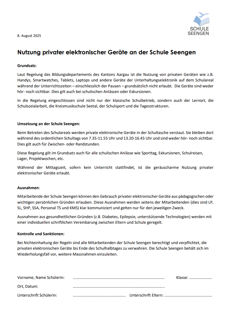 Nutzung privater elektronischer Geräte an der Schule Seengen